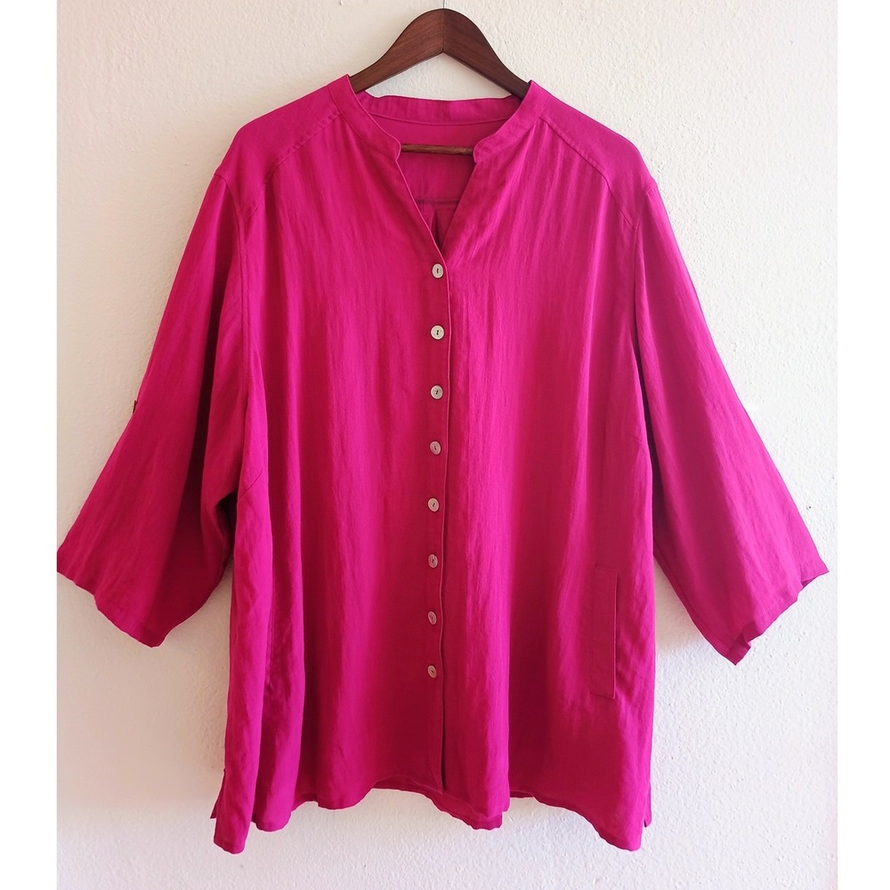 Fridaze 100% Linen Magenta Pink Button Down Tunic Top Pockets Size 2X Lagenlook